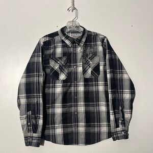 Helix Boys XL Plaid Long Sleeve Button Down Shirt Black White Graphic Print